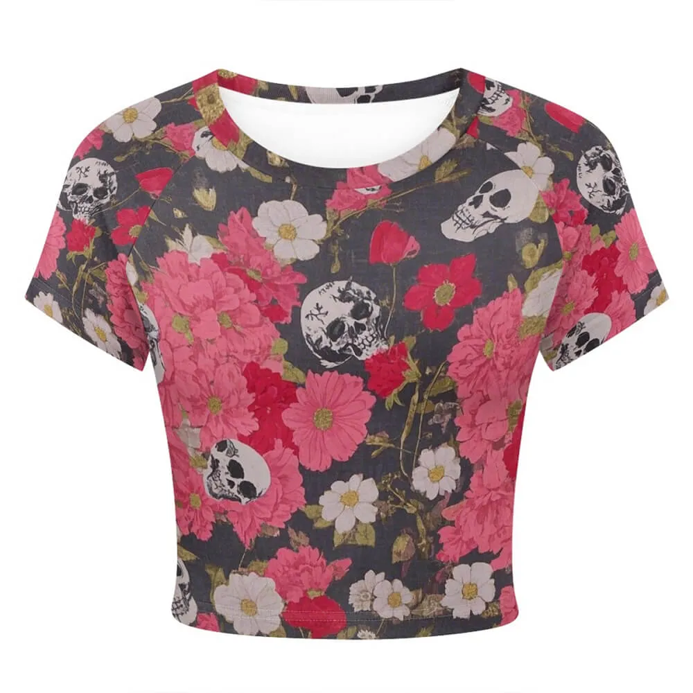 Flowers Skull Head Tight Navel-Exposed Crop T-Shirt sold by GTHIC product image thumbnail 3
