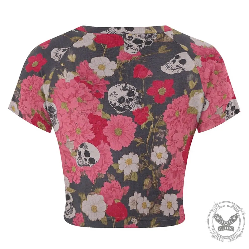 Flowers Skull Head Tight Navel-Exposed Crop T-Shirt sold by GTHIC product image thumbnail 4
