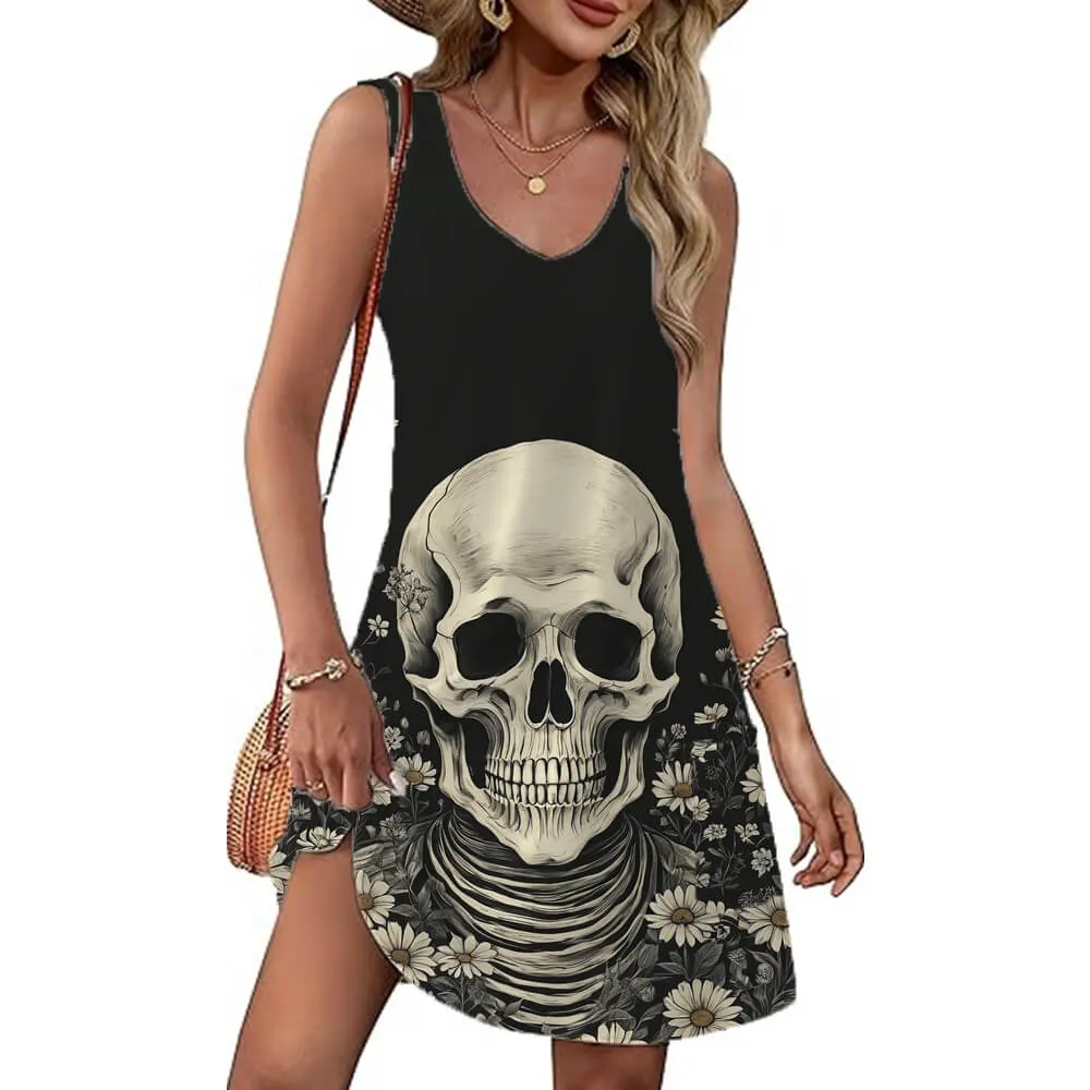 Skull In The Flowers Print V-Neck Vest Dress sold by GTHIC