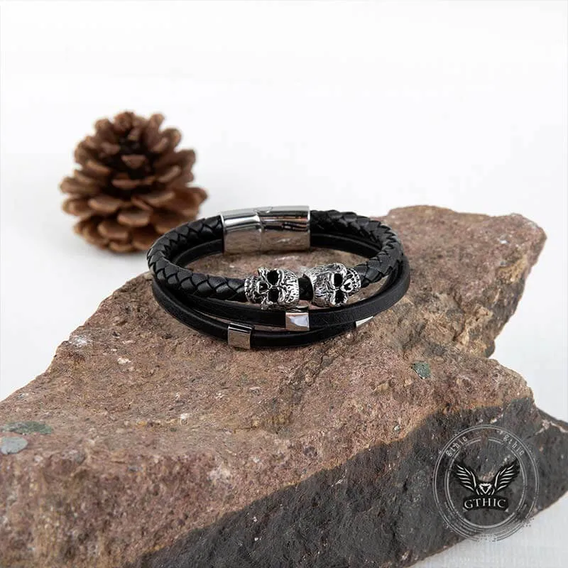Gothic Double Skull Stainless Steel Leather Bracelet sold by GTHIC product image thumbnail 3