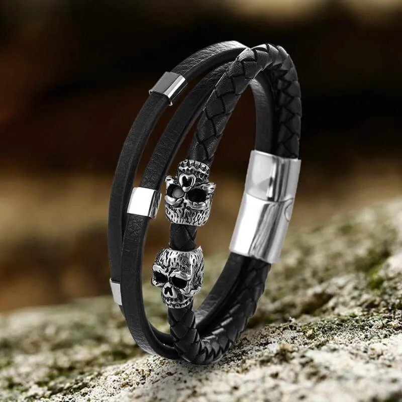 Gothic Double Skull Stainless Steel Leather Bracelet sold by GTHIC