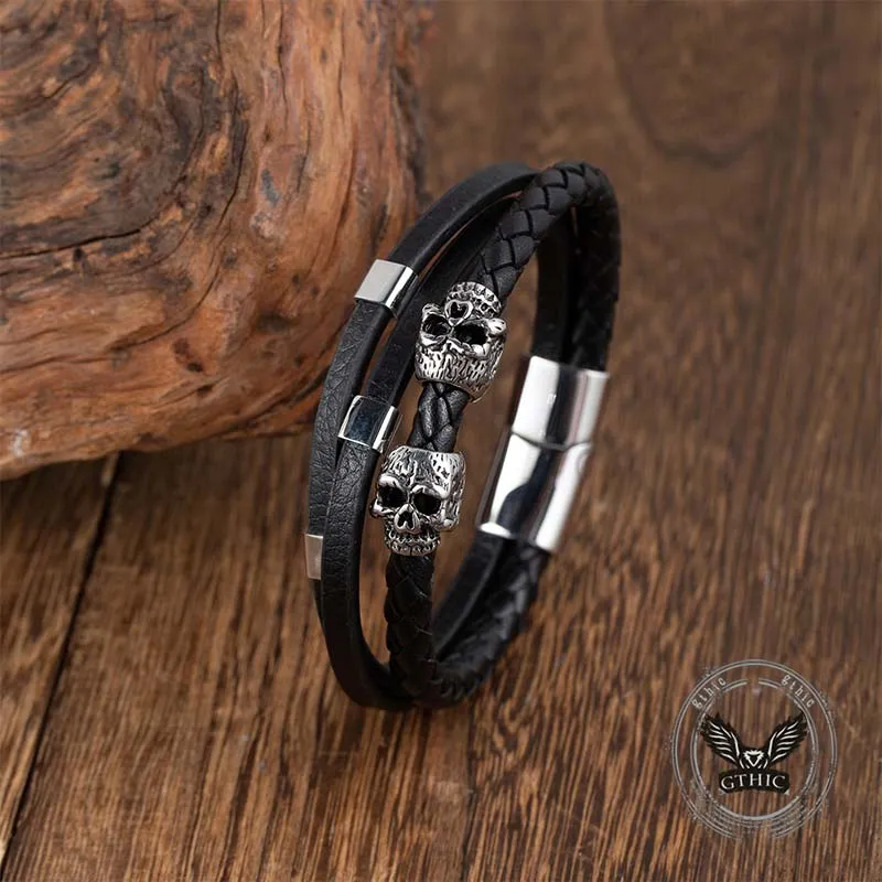 Gothic Double Skull Stainless Steel Leather Bracelet sold by GTHIC product image thumbnail 5