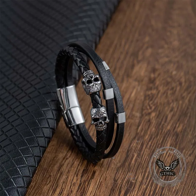 Gothic Double Skull Stainless Steel Leather Bracelet sold by GTHIC product image thumbnail 4