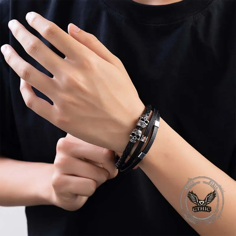 Gothic Double Skull Stainless Steel Leather Bracelet sold by GTHIC product image thumbnail 2