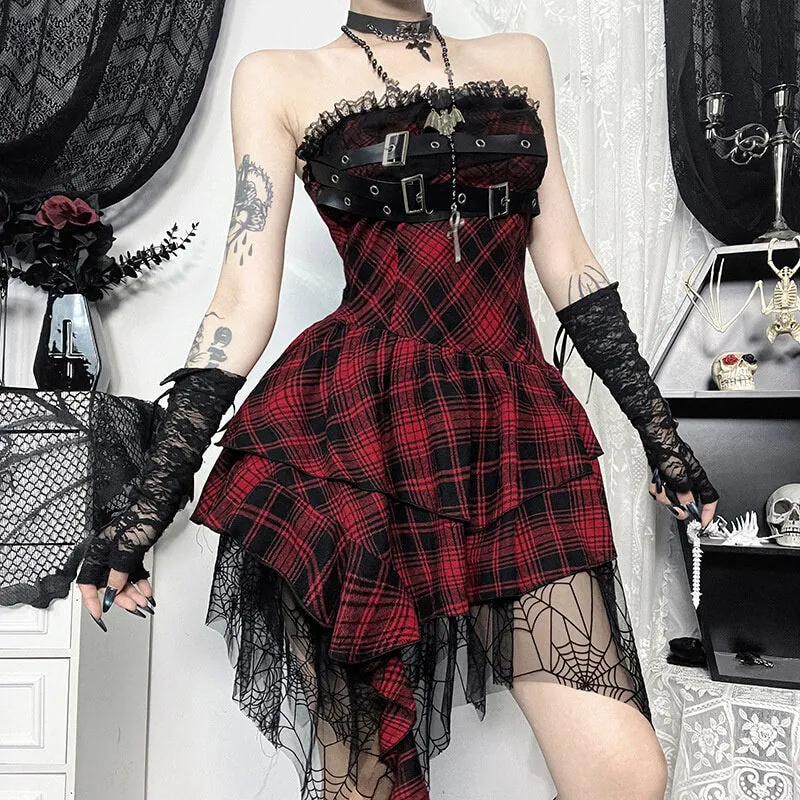 Sexy Red Plaid Tube Top Spider Web Hem Dress sold by GTHIC