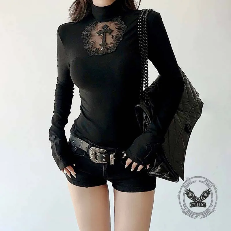 Gothic Mesh Hollow Cross Slim Long Sleeve Top sold by GTHIC