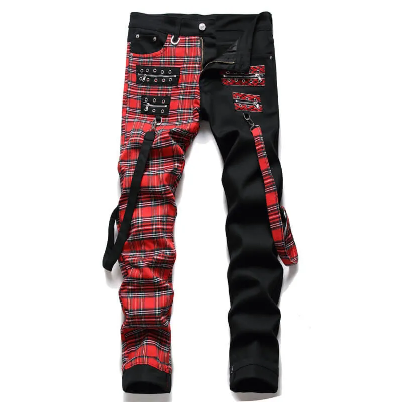 Plaid Patchwork Cotton Men's Punk Pants sold by GTHIC
