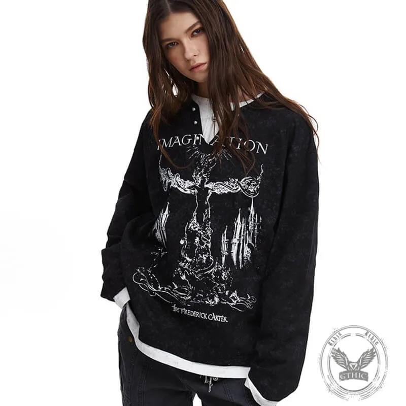 Retro Print Two Piece Long Sleeve Loose T-Shirt sold by GTHIC product image thumbnail 2