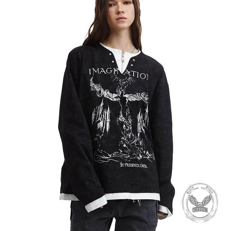 Retro Print Two Piece Long Sleeve Loose T-Shirt sold by GTHIC product image thumbnail 4