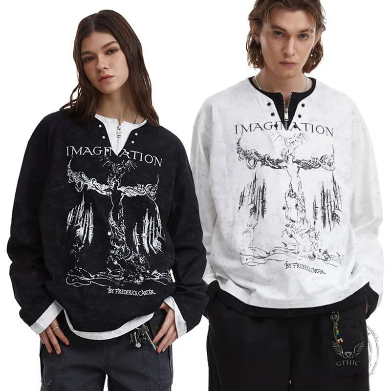 Retro Print Two Piece Long Sleeve Loose T-Shirt sold by GTHIC