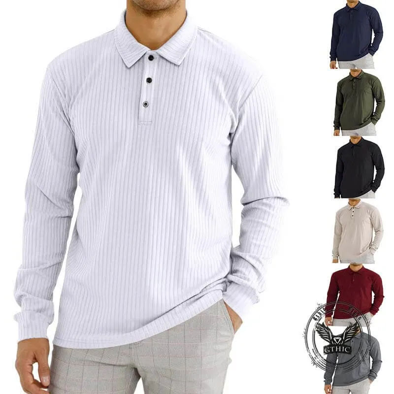 Fashion Vertical Striped Long Sleeve Lapel Polo Shirt sold by GTHIC