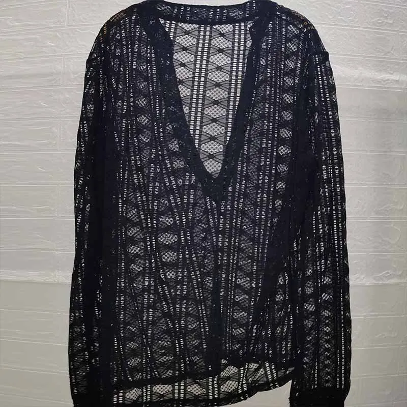 Solid Color V-Neck See-Through Lace Long Sleeve Top sold by GTHIC product image thumbnail 2