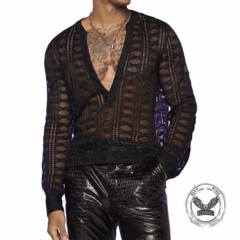 Solid Color V-Neck See-Through Lace Long Sleeve Top sold by GTHIC