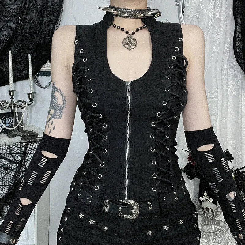Gothic Black Lace-Up Slim Fit Zipper Vest Top sold by GTHIC product image thumbnail 2