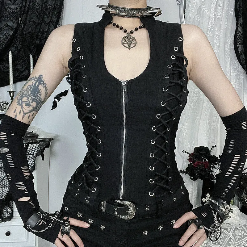 Gothic Black Lace-Up Slim Fit Zipper Vest Top sold by GTHIC