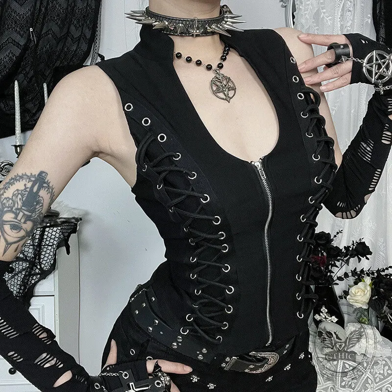 Gothic Black Lace-Up Slim Fit Zipper Vest Top sold by GTHIC product image thumbnail 3