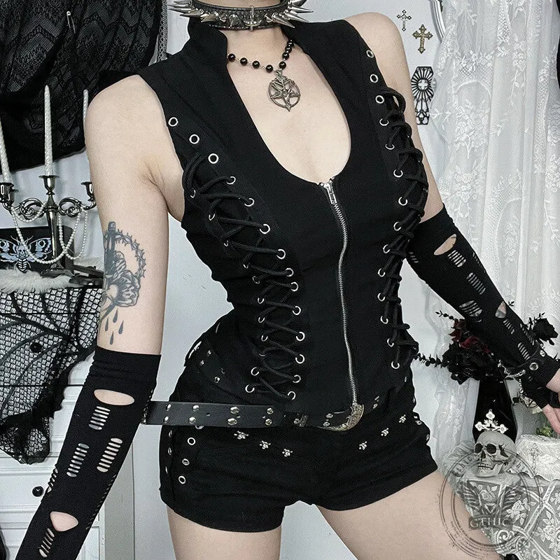 Gothic Black Lace-Up Slim Fit Zipper Vest Top sold by GTHIC product image thumbnail 5