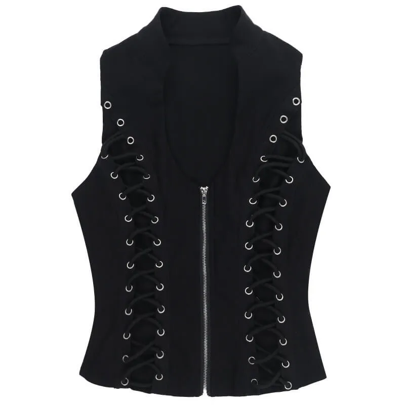 Gothic Black Lace-Up Slim Fit Zipper Vest Top sold by GTHIC product image thumbnail 4
