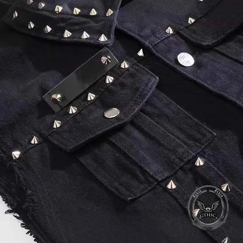 Punk Studded Lapel Slim Fit Sleeveless Denim Vest sold by GTHIC product image thumbnail 3