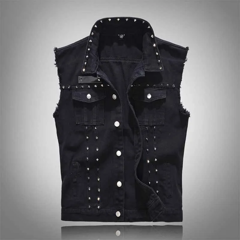 Punk Studded Lapel Slim Fit Sleeveless Denim Vest sold by GTHIC