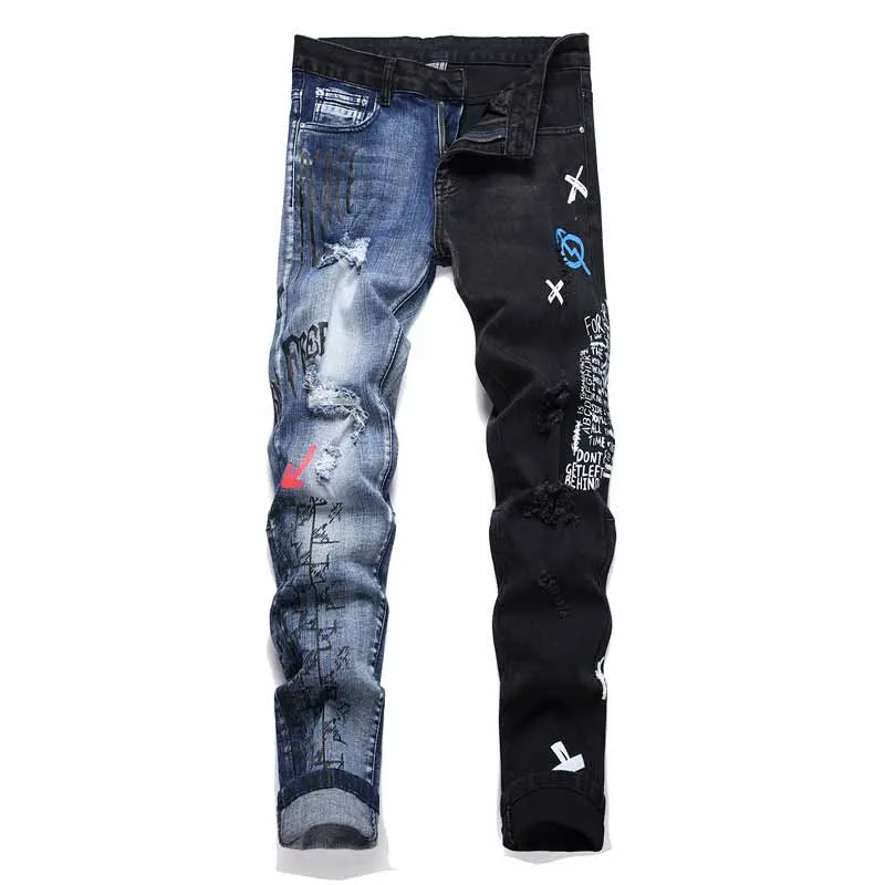 Punk Lettering Printed Distressed Slim-Fit Jeans sold by GTHIC
