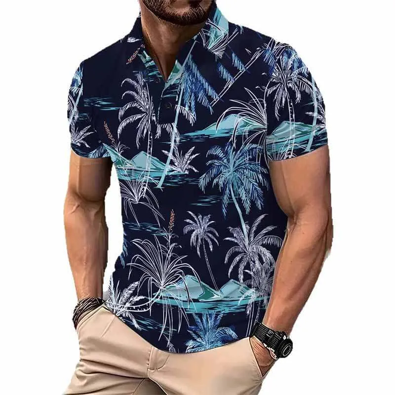 Fashion Beach Botanical Print Casual Lapel Polo Shirt sold by GTHIC