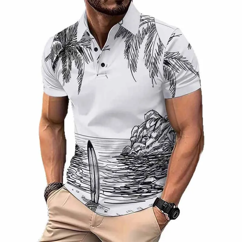 Fashion Beach Coconut Tree Print Lapel Polo Shirt sold by GTHIC