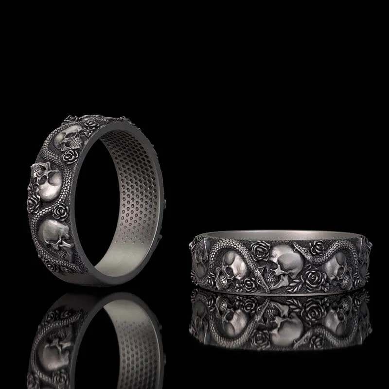 Gothic Rose Skull Snake Sterling Silver Ring sold by GTHIC