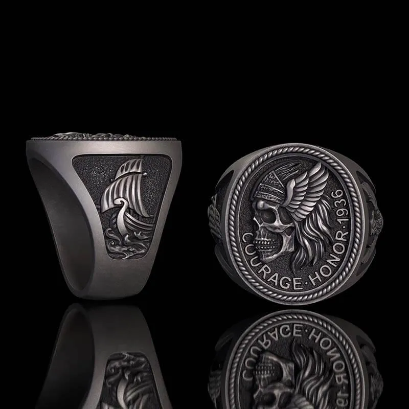 1936 Pirate Skull Sailboat Eagle Sterling Silver Ring sold by GTHIC