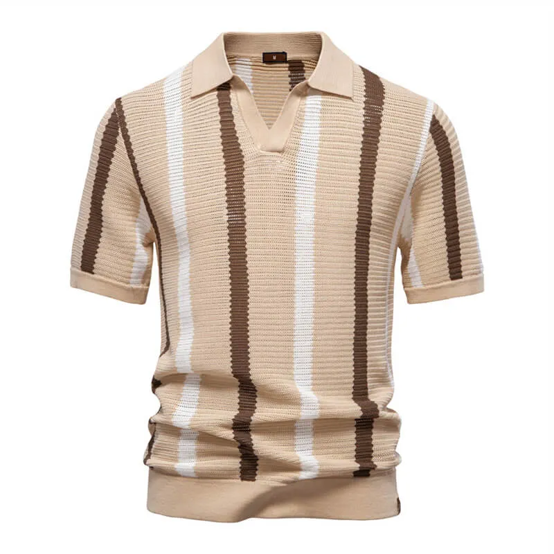 Fashion Vertical Striped Hollow Knitted Polo Shirt sold by GTHIC