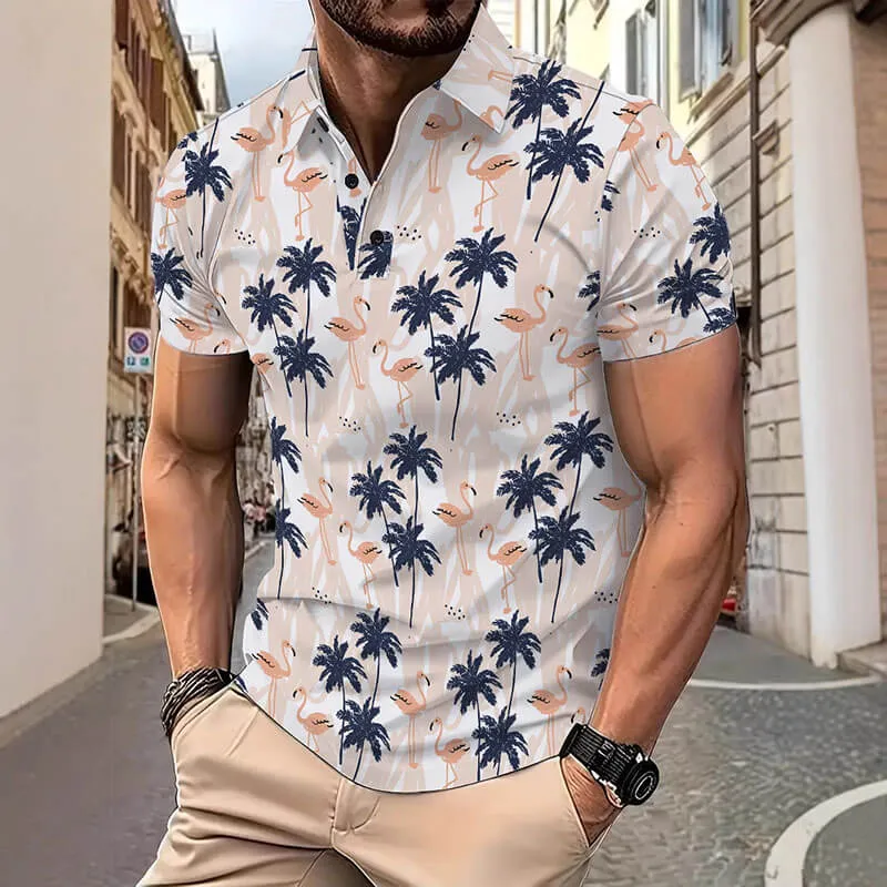 Flamingo Coconut Tree Print Short Sleeve Polo Shirt sold by GTHIC