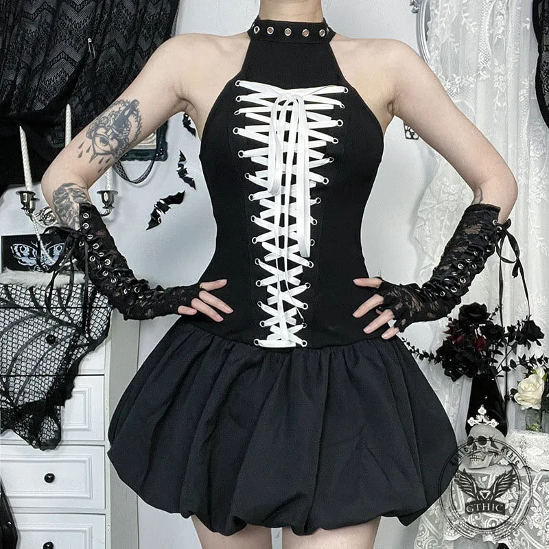 Gothic Slim Halter Neck Lace-Up Vest Dress sold by GTHIC