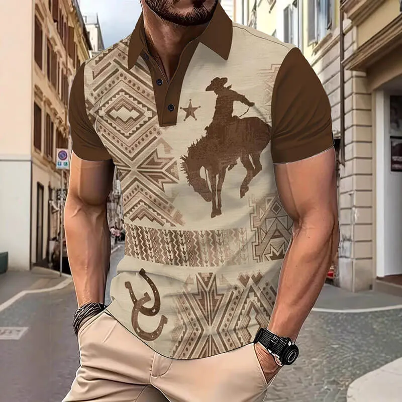Retro Western Cowboy Print Short Sleeve Polo Shirt sold by GTHIC