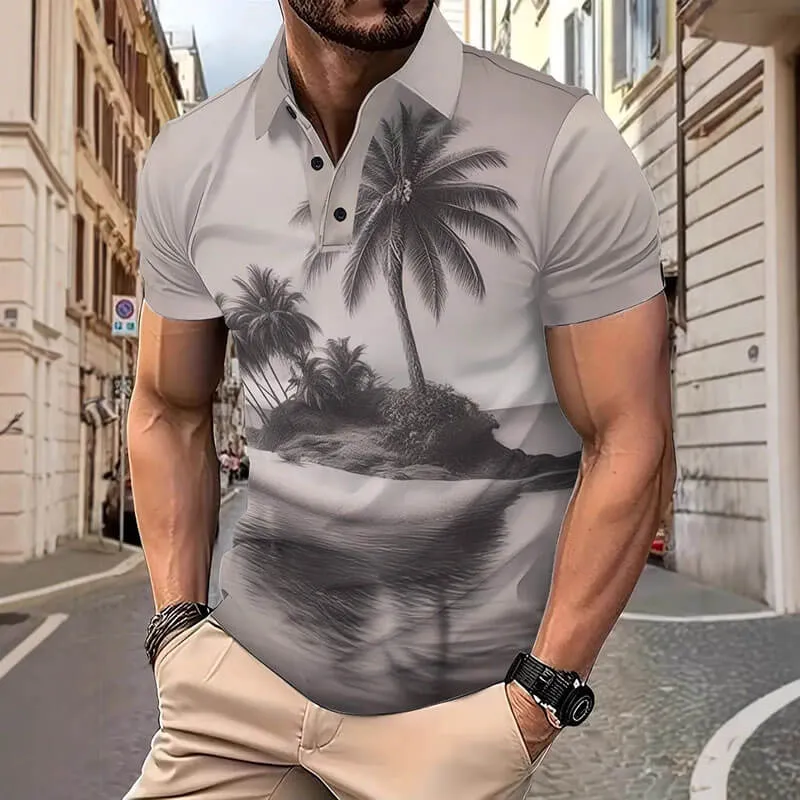 Retro Palm Tree Fashion Print Short Sleeve Polo Shirt sold by GTHIC
