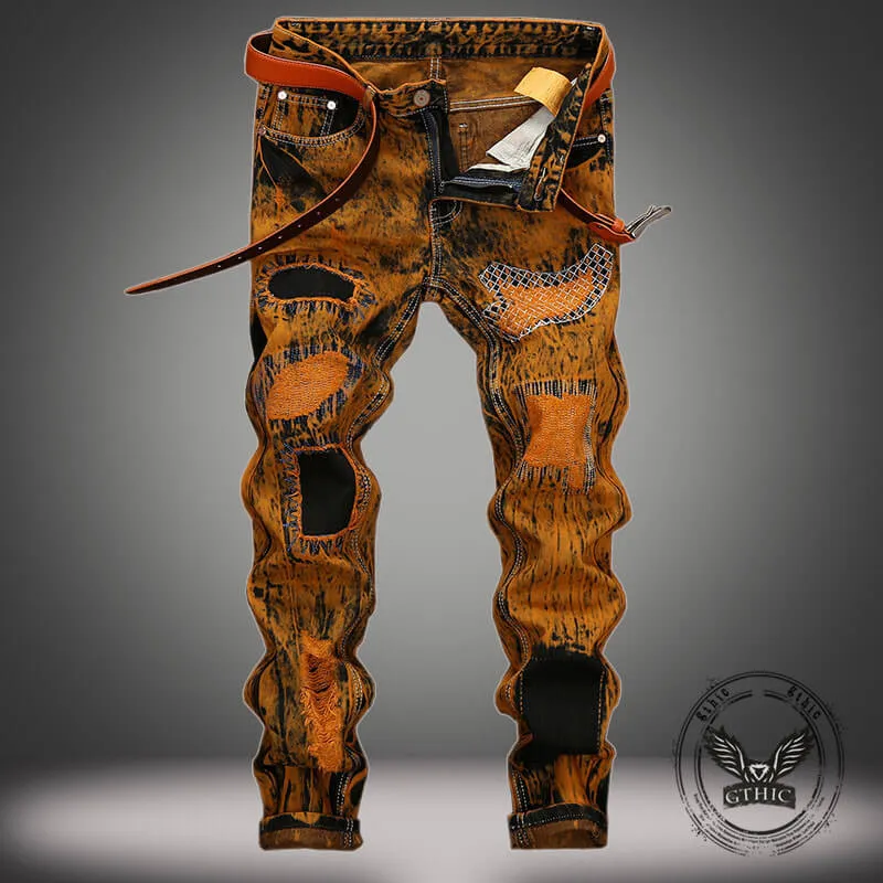 Vintage Tie-Dye Distressed Biker Straight Jeans sold by GTHIC