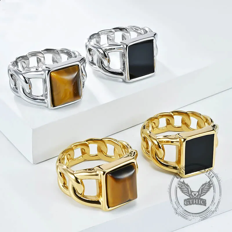 Punk Cuban Chain Tiger Eye Gemstone Stainless Steel Ring sold by GTHIC
