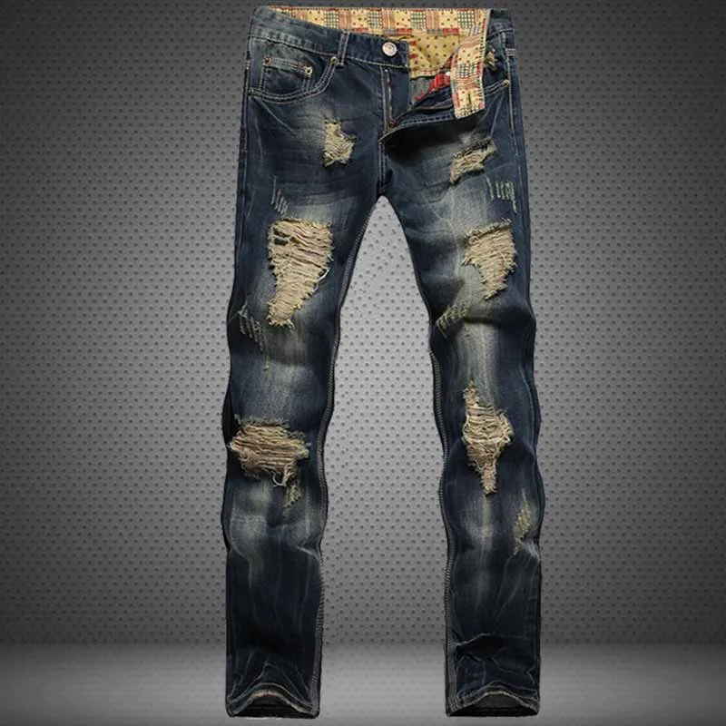 Retro Distressed Straight-Leg Slim Punk Jeans sold by GTHIC