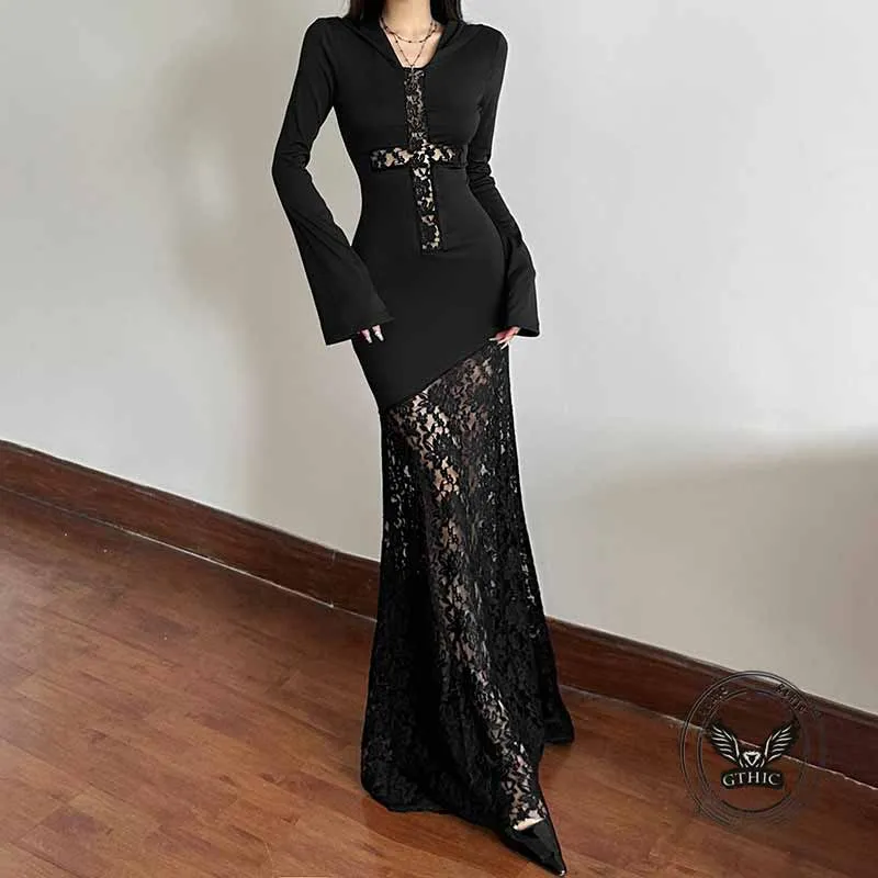 Gothic Black Lace Cross Hollow Hooded Dress sold by GTHIC