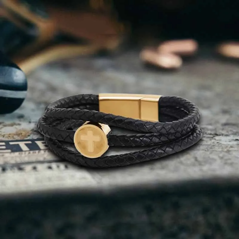Retro Three Layer Cross Stainless Steel Leather Bracelet sold by GTHIC