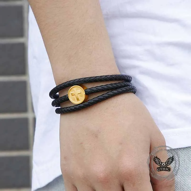 Retro Three Layer Cross Stainless Steel Leather Bracelet sold by GTHIC product image thumbnail 2