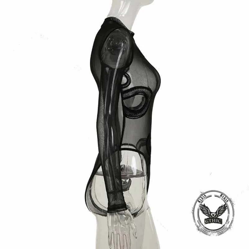 Sexy Sheer Snake Print Crew Neck Mesh Bodysuit sold by GTHIC product image thumbnail 4