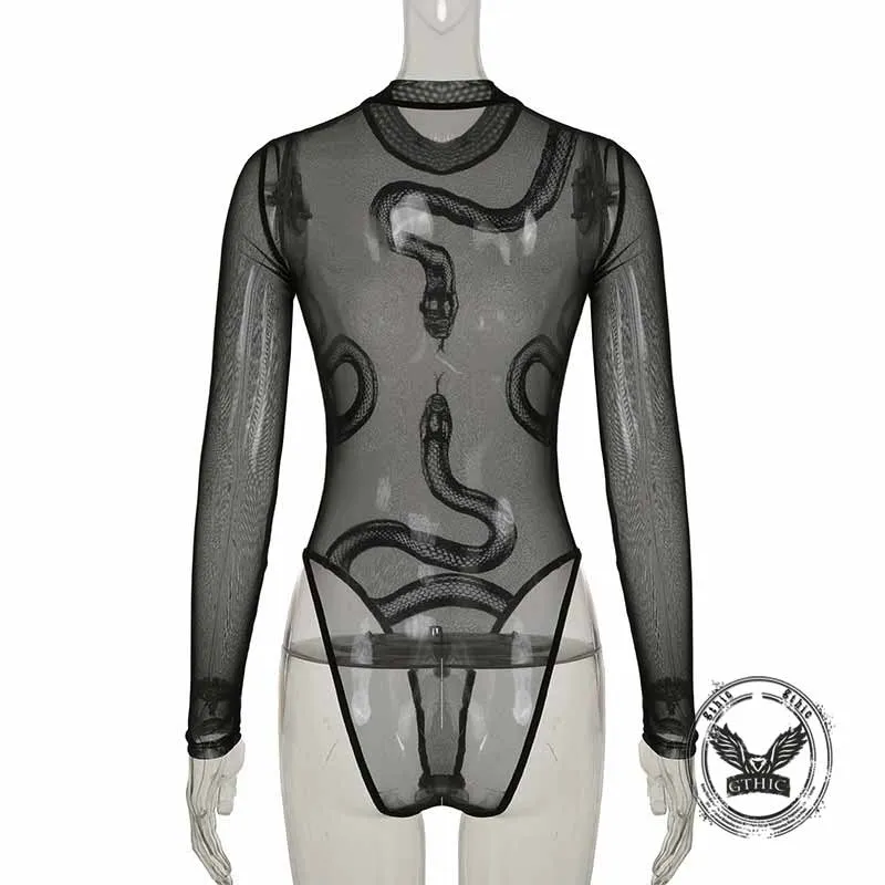 Sexy Sheer Snake Print Crew Neck Mesh Bodysuit sold by GTHIC product image thumbnail 5