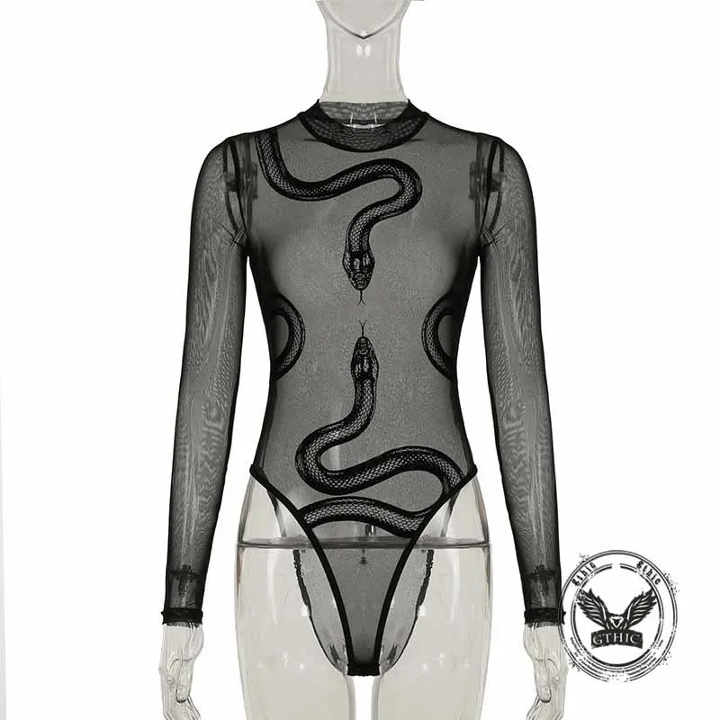 Sexy Sheer Snake Print Crew Neck Mesh Bodysuit sold by GTHIC product image thumbnail 3
