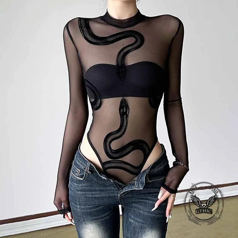 Sexy Sheer Snake Print Crew Neck Mesh Bodysuit sold by GTHIC