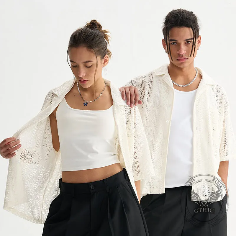 Fashion Hollow Mesh Crochet See-through Lace Shirt sold by GTHIC