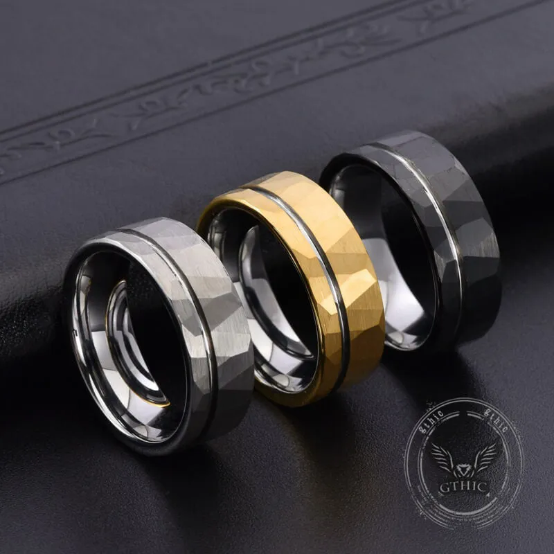 Simple Flat Hammered Tungsten Steel Wide Ring sold by GTHIC
