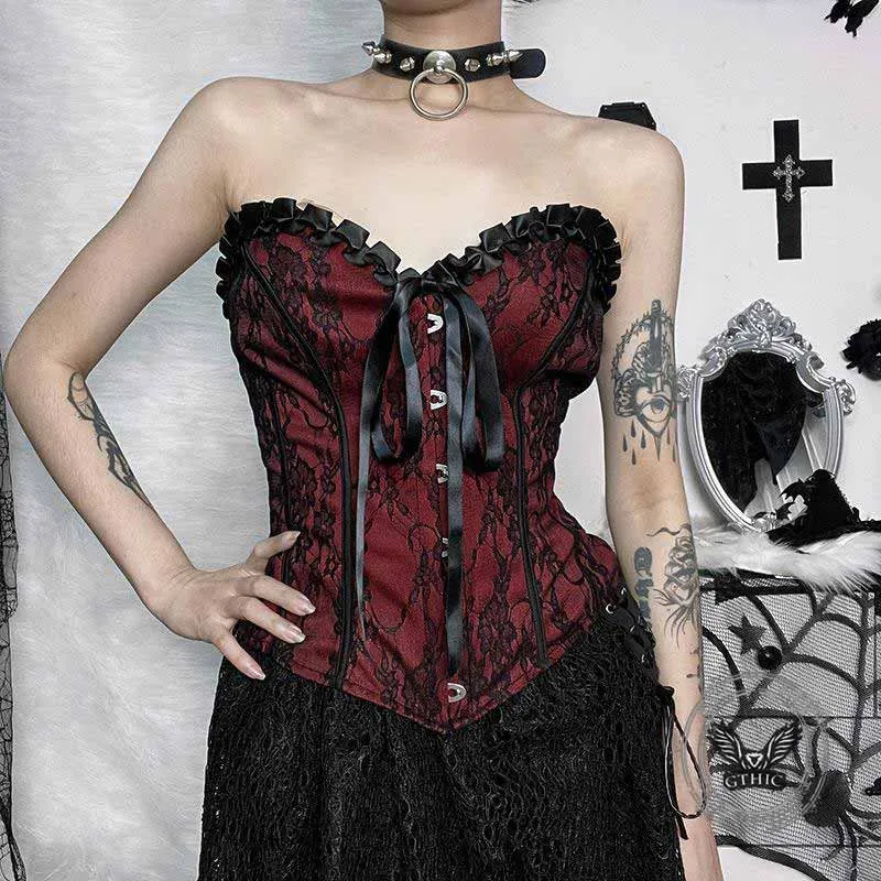 Dark Style Slim Lace V-Neck Lace-Up Tube Top sold by GTHIC