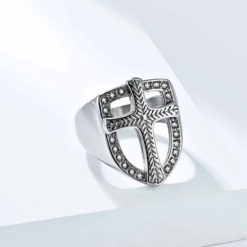 Vintage Shield Cross Diamond Stainless Steel Ring sold by GTHIC product image thumbnail 3