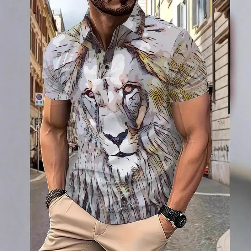Fierce Lion Head Print Short Sleeve Polo Shirt sold by GTHIC