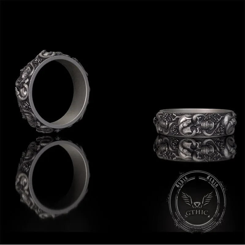 Gothic Coiled Snake Rose Sterling Silver Skull Ring sold by GTHIC
